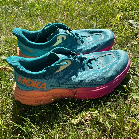 Hoka Teal Blue Running Shoes with Pink and Orange Midsole - Picture 2 of 6